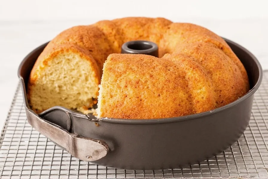 Golden brown cinnamon pound cake being removed from Bundt pan onto cooling rack