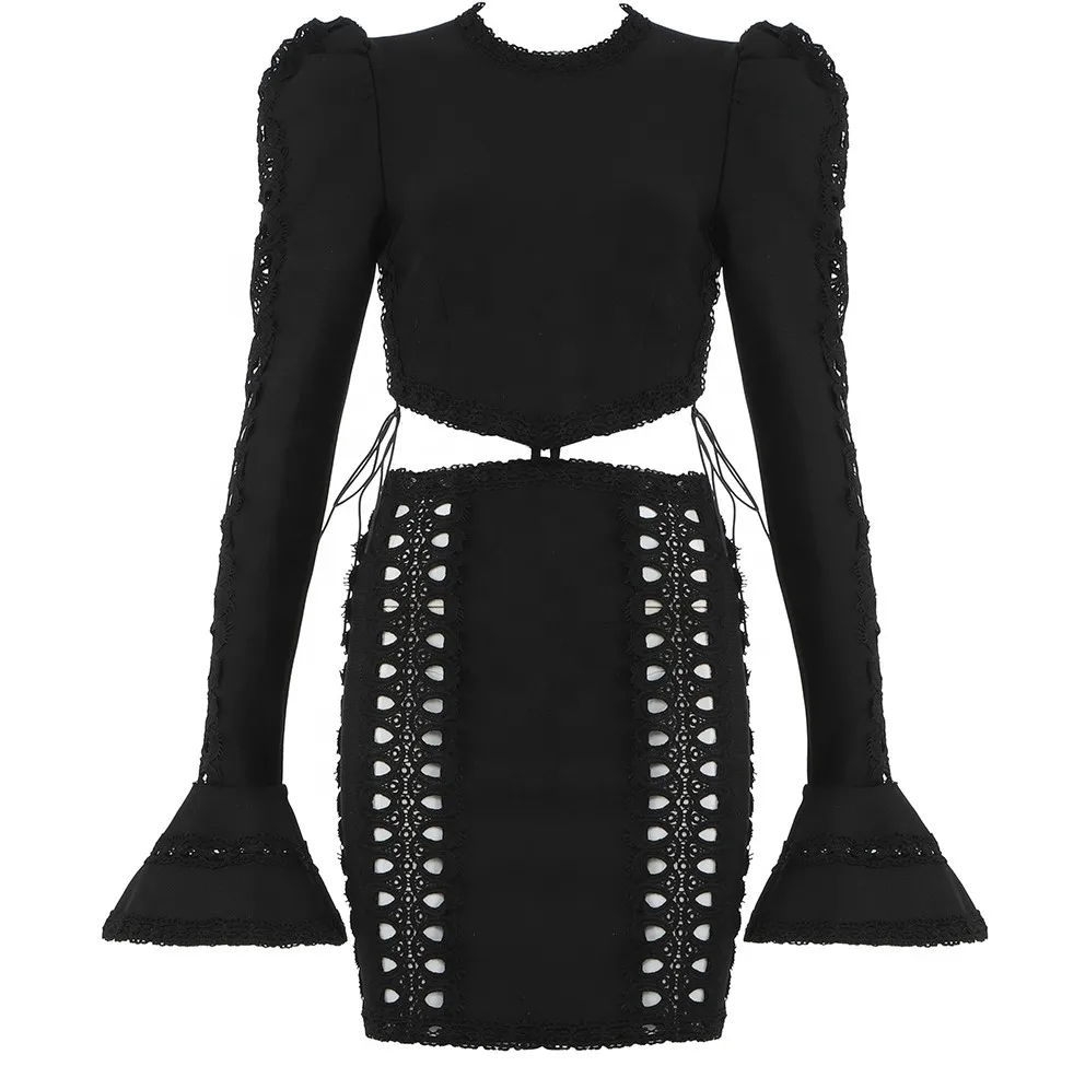 

2021 New Arrival Design Lace Up Sleeve Hollow Out Bodycon Sexy Elegant Casual Dresses