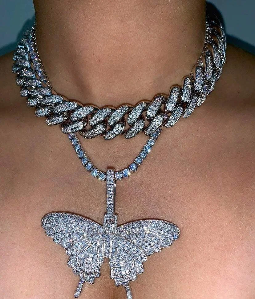 silver plated iced out bling tennis chain micro pave cz butterfly necklace women
