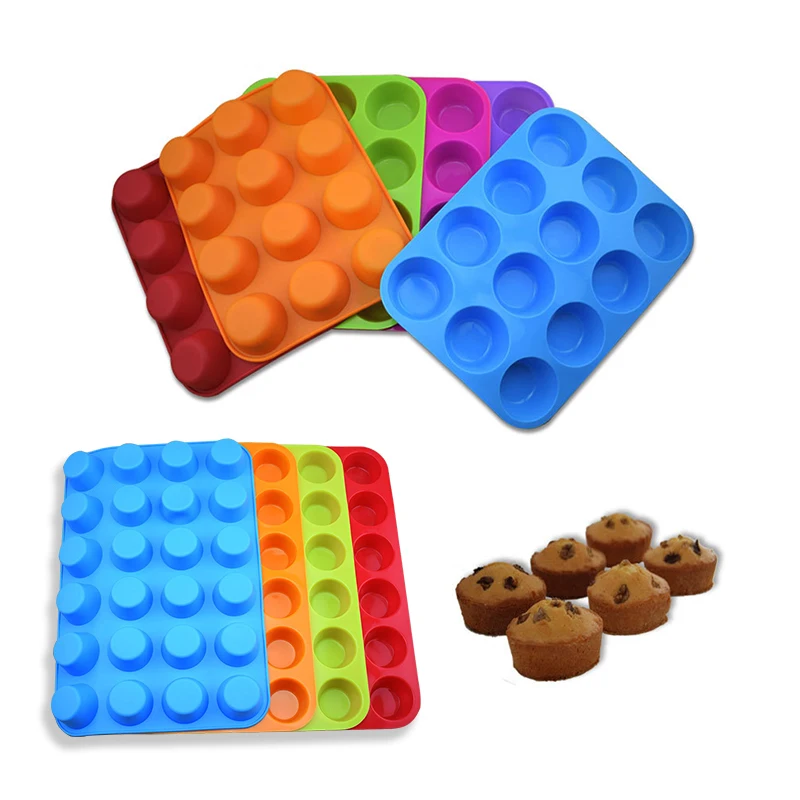 

12 Cup 24 Cavities Food Grade Nonstick Tray Sets Silicone Round Cupcake Muffin Baking Pan Silicon Cake Mold Bakeware, As shown