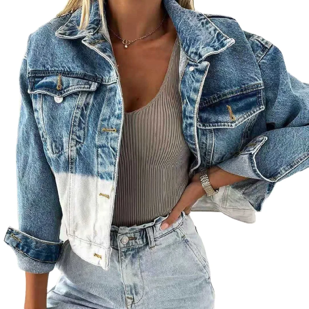 

Free Shipping Trucker Jacket Classic Jacket Coat Oversized Women White Blue Block Denim Jacket