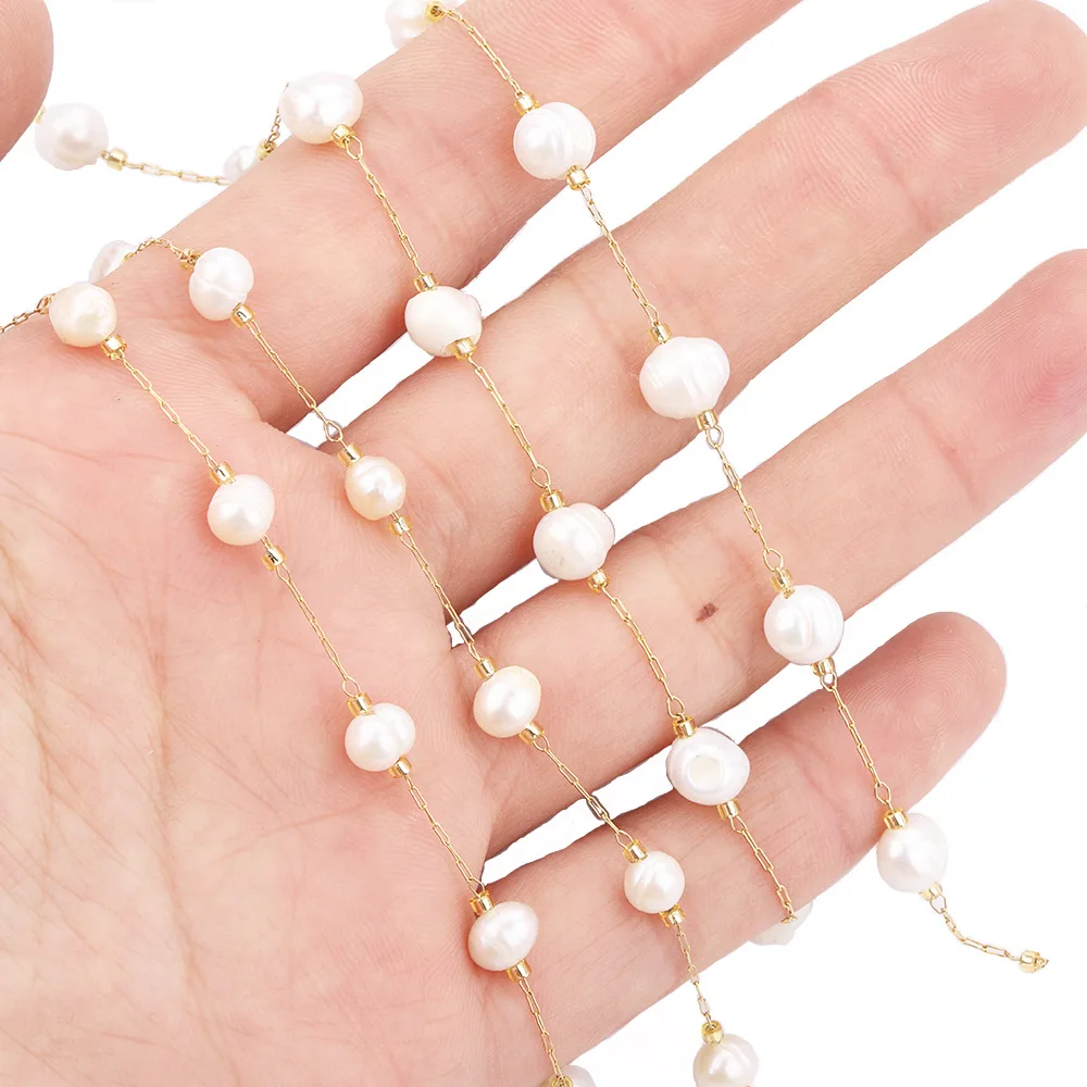 

Necklace making 4.5mm and 6.5mm fresh water pearls beaded link chain gold plated pearls rosary chain