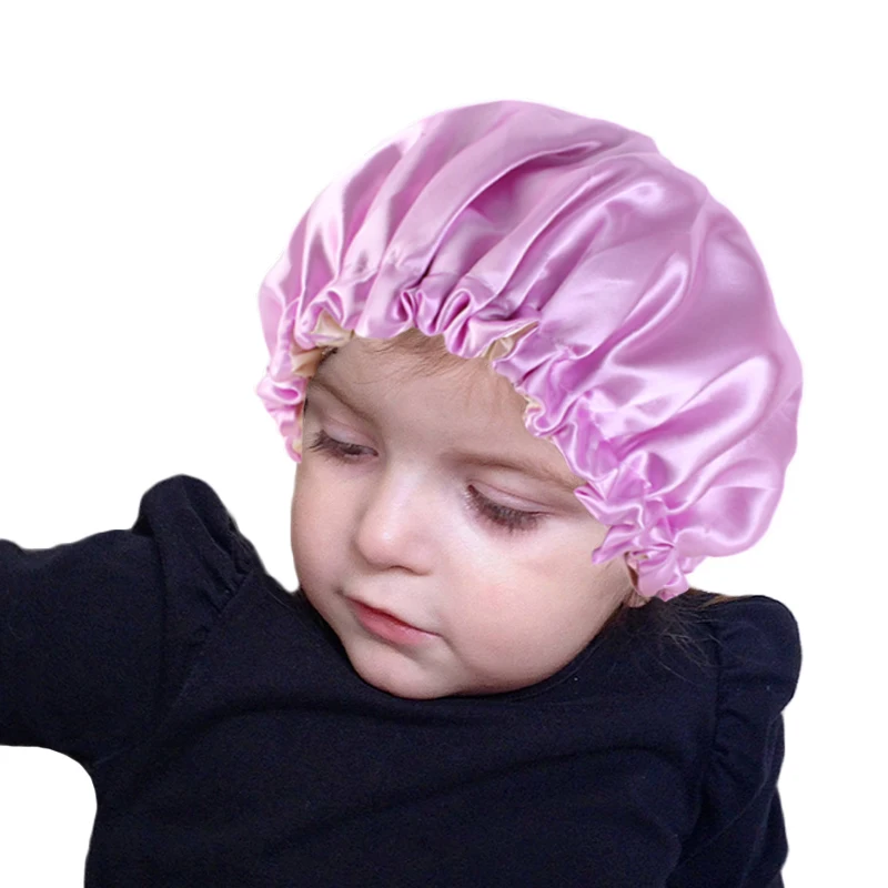 

New Design Double Layer Solid Kids Bonnet Hat Adjustable Solid Color Satin Silky Baby Hair Bonnet K-16