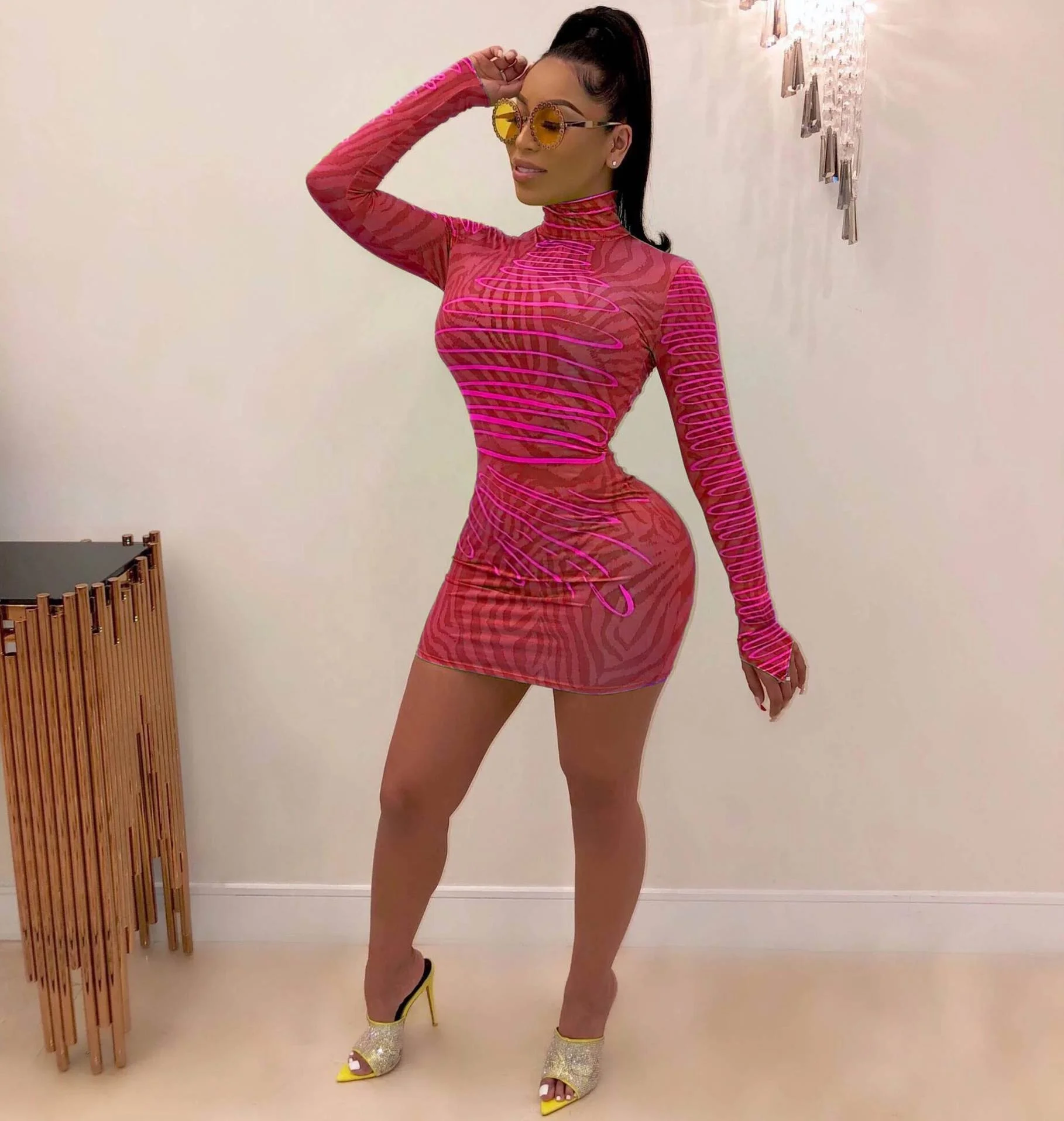 

Fashion Sexy Turtleneck Long Sleeve Printed Jumpsuit Skirt .
