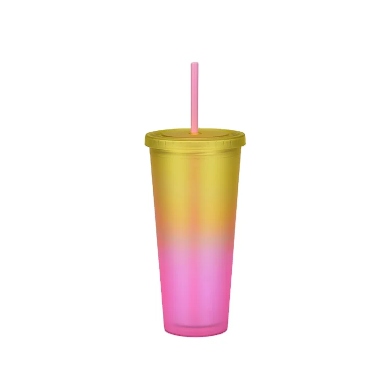 

Wholesale 24oz Double-layer Plastic Frosted Sippy Cup With Gradient Colors
