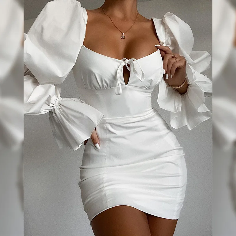 

Wholesale new spring trend casual dresses women ladies elegant puff sleeve ruffles bodycon white mini dress, Photos show