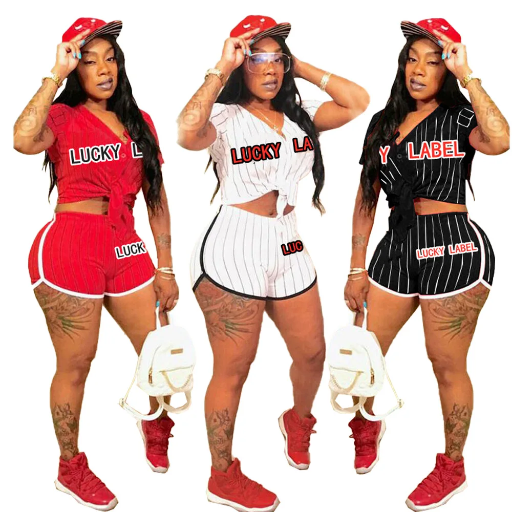 

Summer hot two-piece set of monogrammed striped baseball girl with buttons women's sport siut