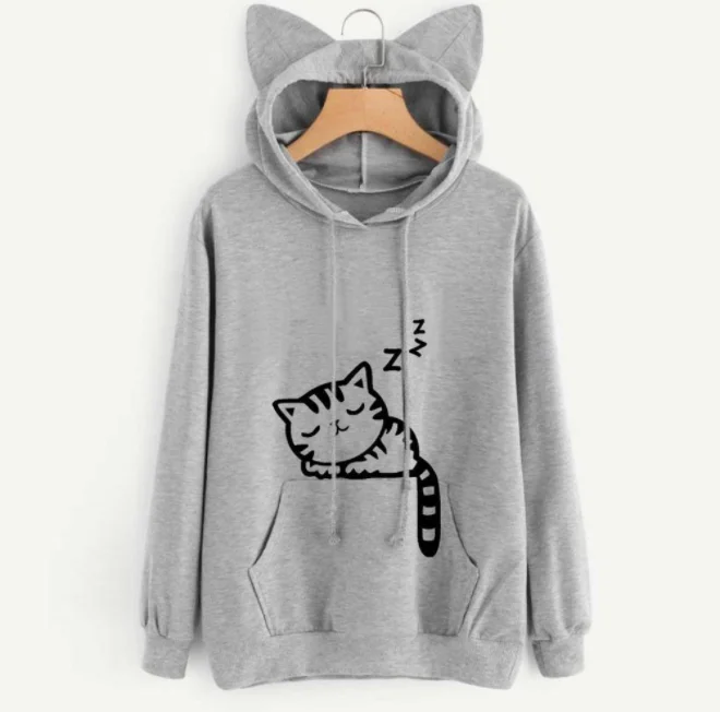 
Loose fleece printed cat animal print hooded sweatshirt 