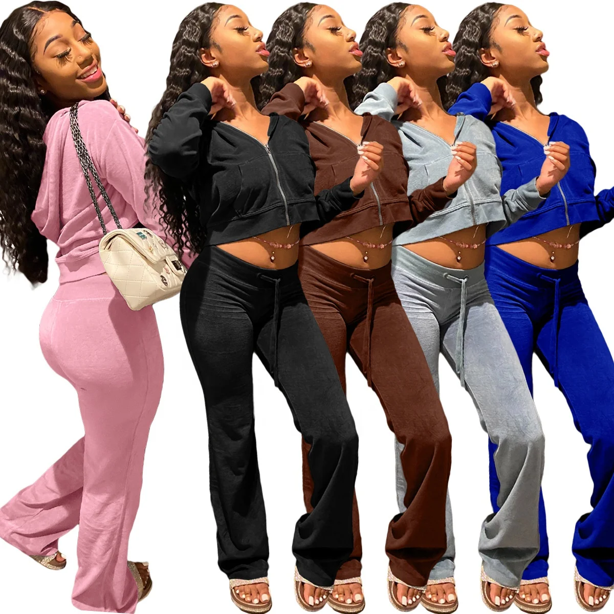 

Sexy Ladies Outfits Women zipper Velvet Hoodied Long Sleeve Crop Top Elastic pants 2 Piece Set Outfits Tracksuit Sweatsuit