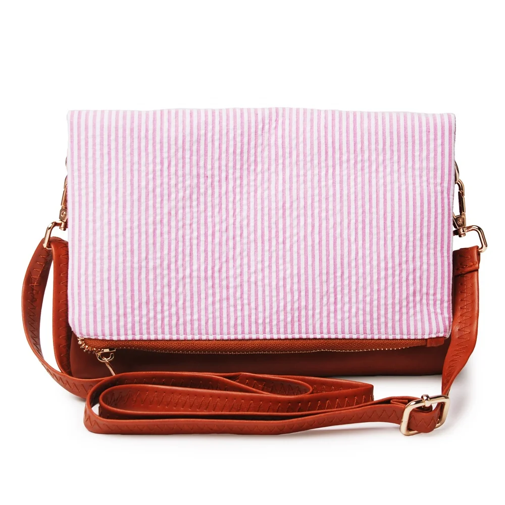 

Ready To Ship Seersucker PU Folding Bag Stitching Cotton Foldable Crossbody Bag DOM113286, Navy, pink, kiwi