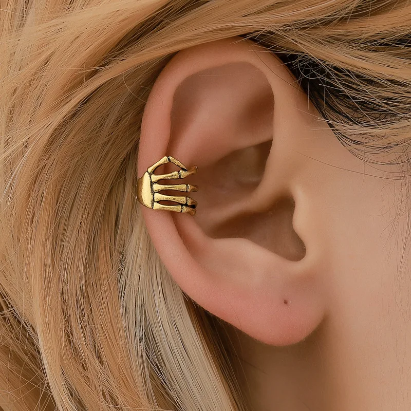 

Fashion Punk Style Skull Hand Spine Ear Cuffs Gold Ear Cuff Clip Earrings For Women No Piercing Fake Cartilage Earring
