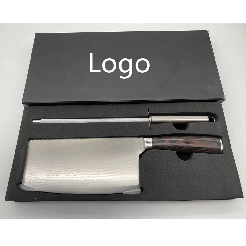 

New Design Black Gift Box 7 inch Damascus Laser Pattern Kitchen Chef Stainless Steel Cleaver With Sharpener Chopping Knife Set