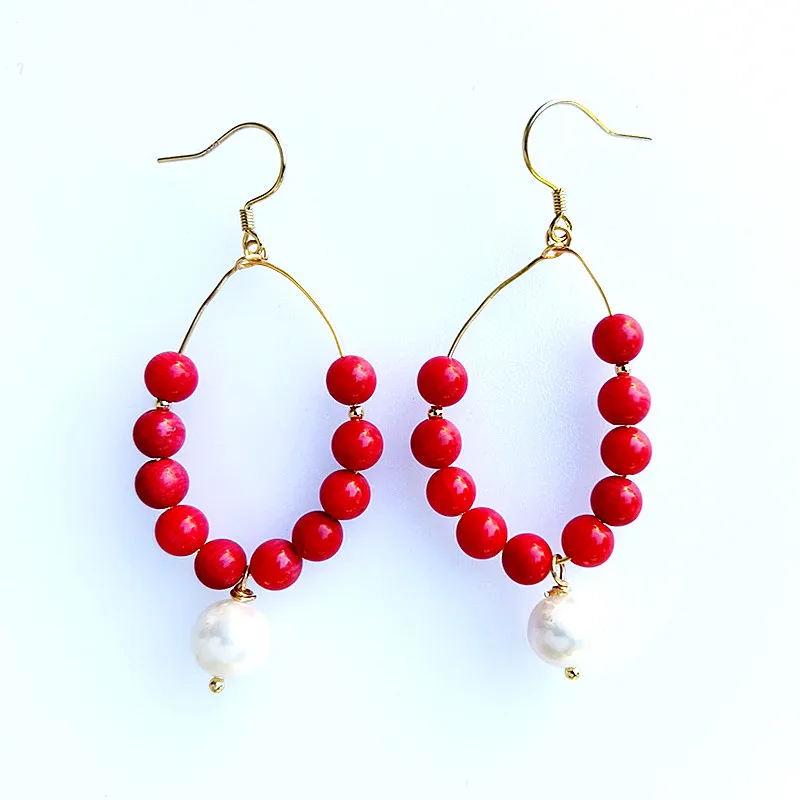 

E189 Wholesale Jewellery Online Silver hook Earrings 18k Gold Plated Real Freshwater Pearl red coral Earrings For Women