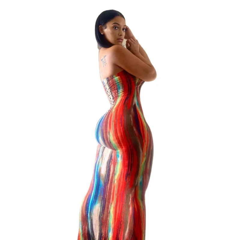 

Tie Dye Skinny Strapless Maxi Dresses For Women Casual Street Sleeveless Sexy Tube Clubwear Party Dress Summer Clothes