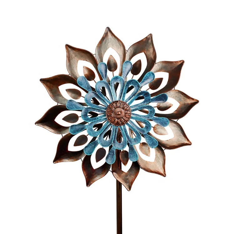 

Hourpark New listing Bronze Kinetic Wind Spinner Metal Stake Outdoor Decoration for garden, Copper and blue