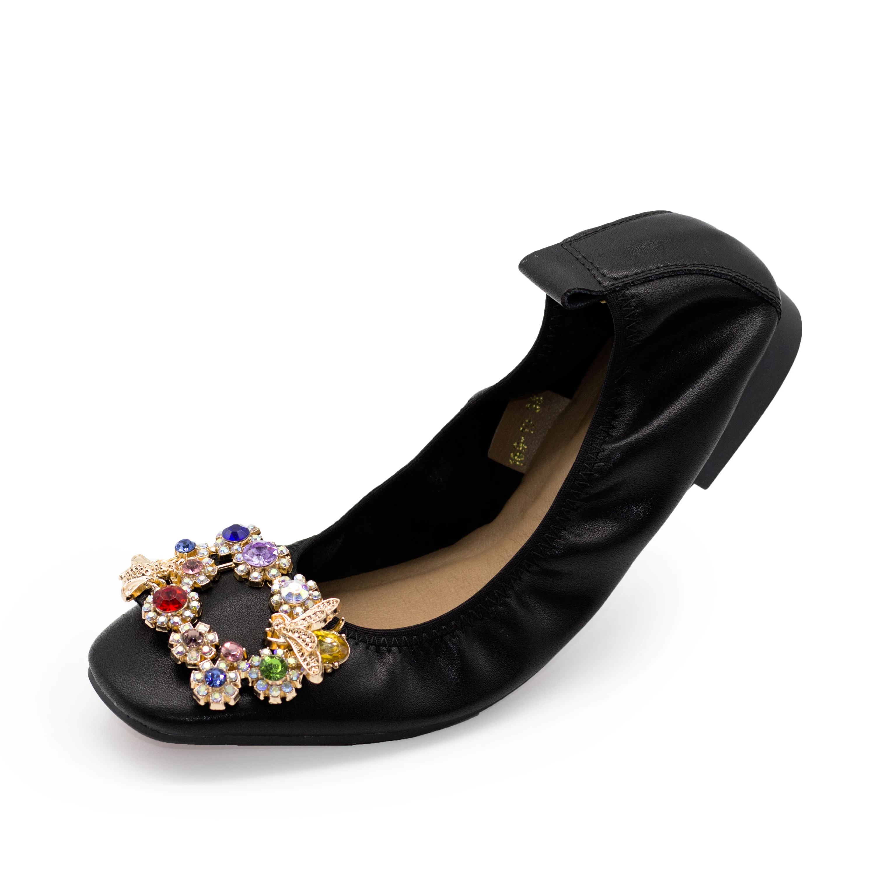 

169-10 Floral Rhinestone Leather Women Flats Casual Loafers Slip on Flexible Ballet Flats for Women