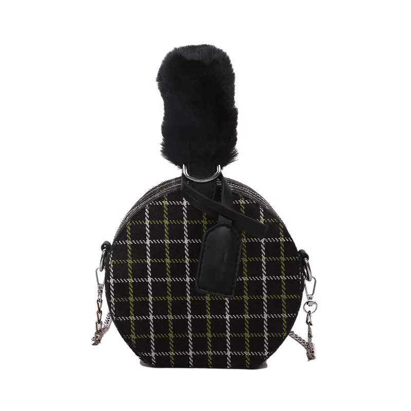 

2021 Women Sling Ladies Round Shape Fur Handle Side Crossbody Bags For Women Girls