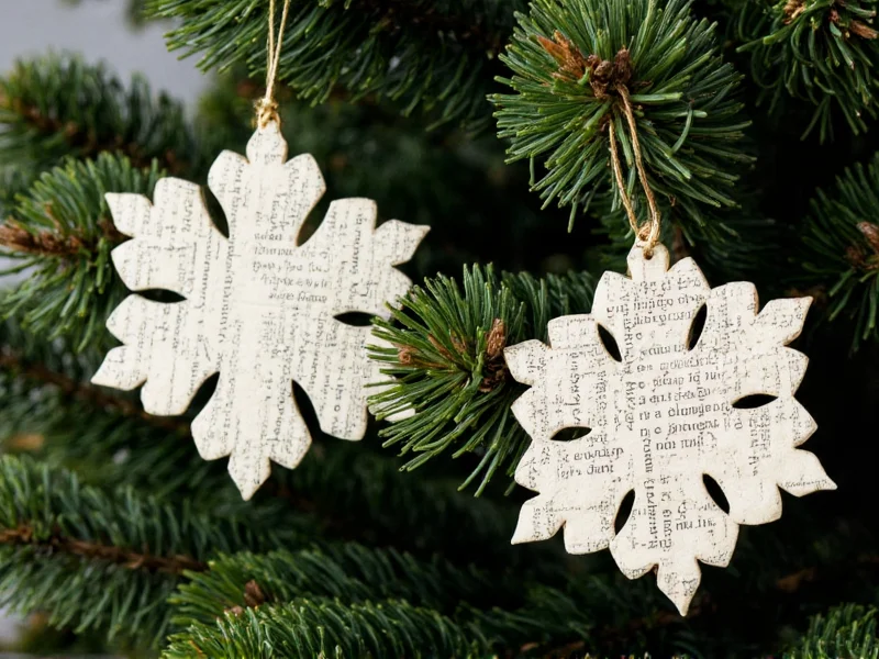 Vintage book page snowflake ornaments on Christmas tree