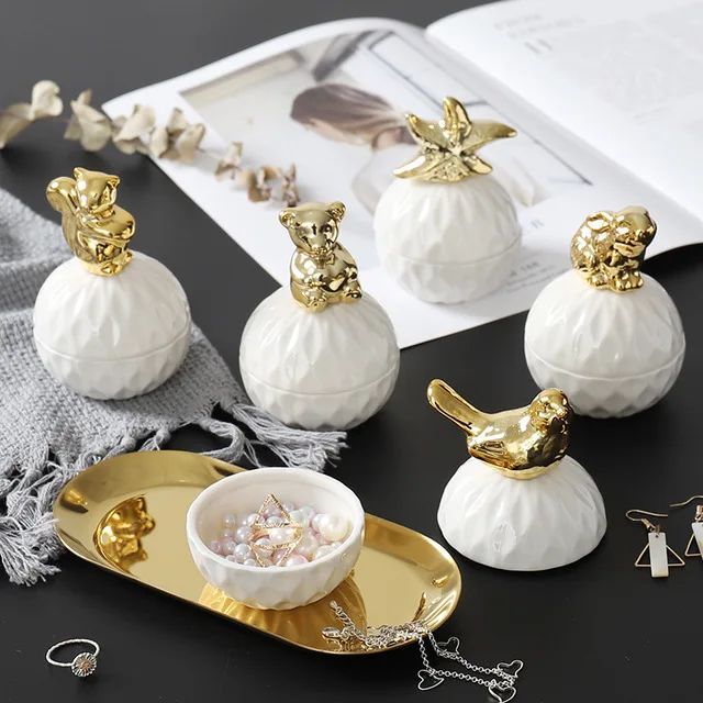 

Nordic style small animal ceramic plating gold jewelry storage box with lid, White