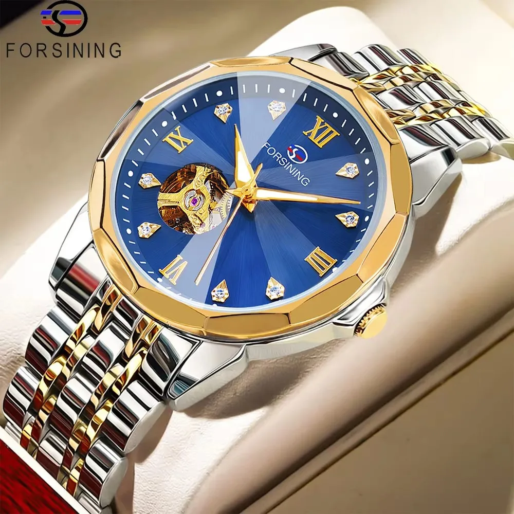 FORSINING 8291 New Factory New Luxury Gold Diamond Automatic Movement Men Watch Stainless Steel Mechanical Wristwatches