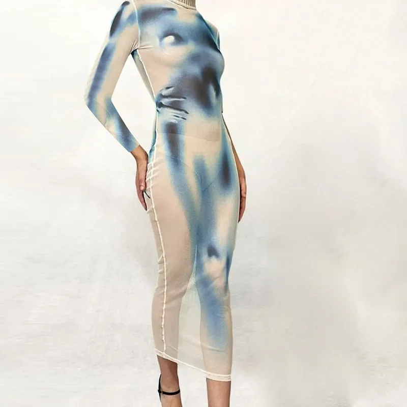

New Fashion Sexy Sheer Mesh Print Long Sleeve Slim Fit Dress