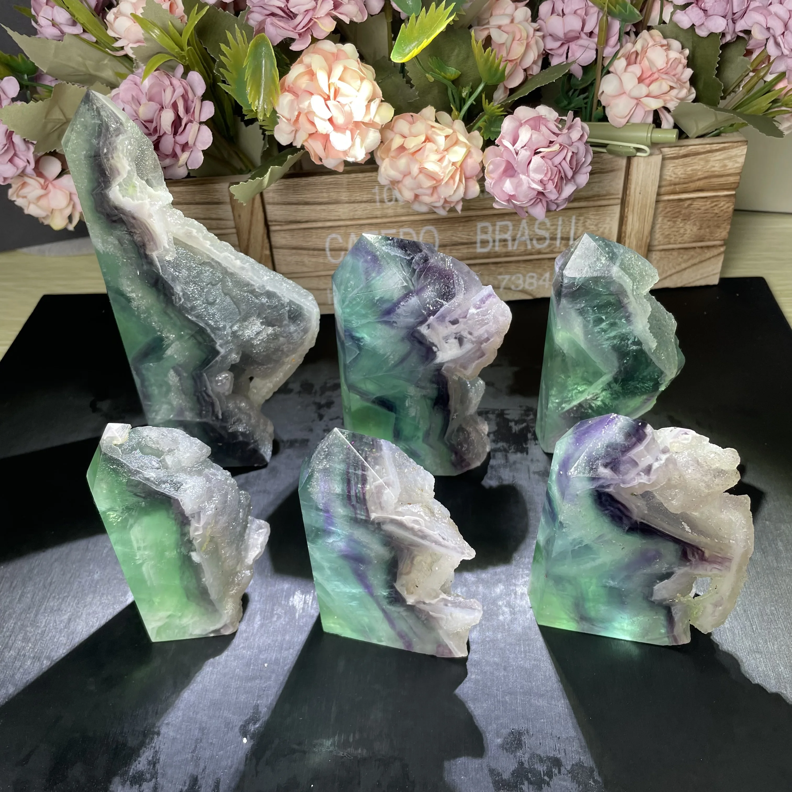 

Wholesale price fluorite half polished crystal raw tower wand point for healing