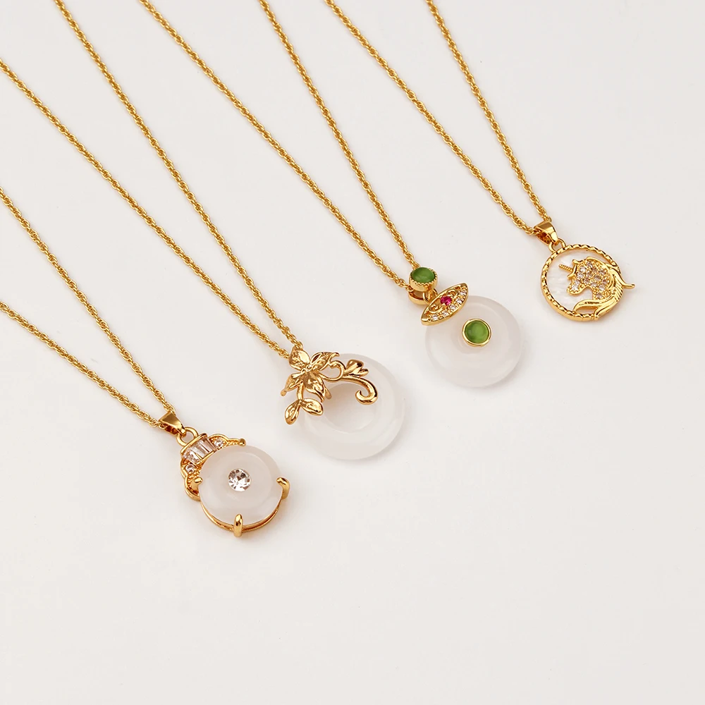

Vintage Fashion Round White Agate Pendant Necklace Real Gold Plated Crystal Unicorn Necklace