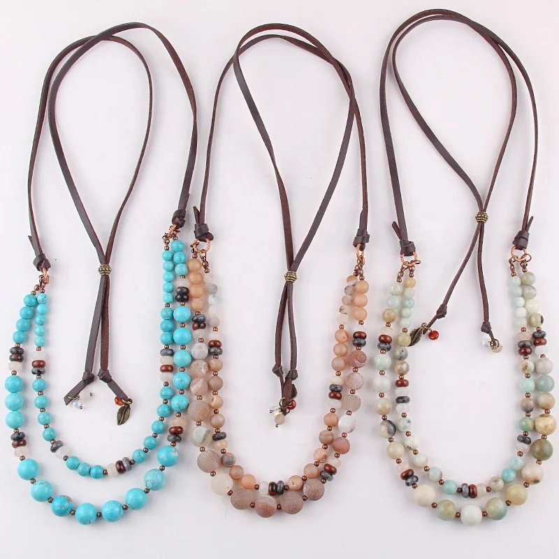 

Fashion Bohemian Tribal Jewelry Natural Stone Beads 12mm 10mm 8mm 6mm Long Necklace 2 layer Brown leather Necklace