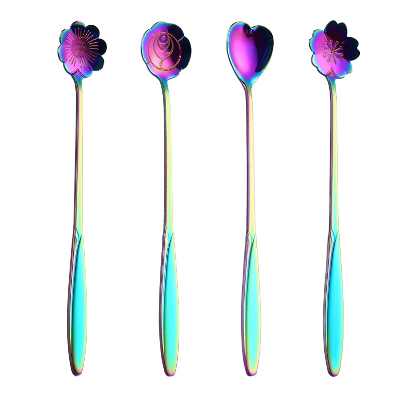 

Creative Flower Long Handle Stainless Steel Spoon for Coffee Tea Ice Cream Mixing Stirring Flatware, Silver/gold/rose gold/rainbow/black/blue