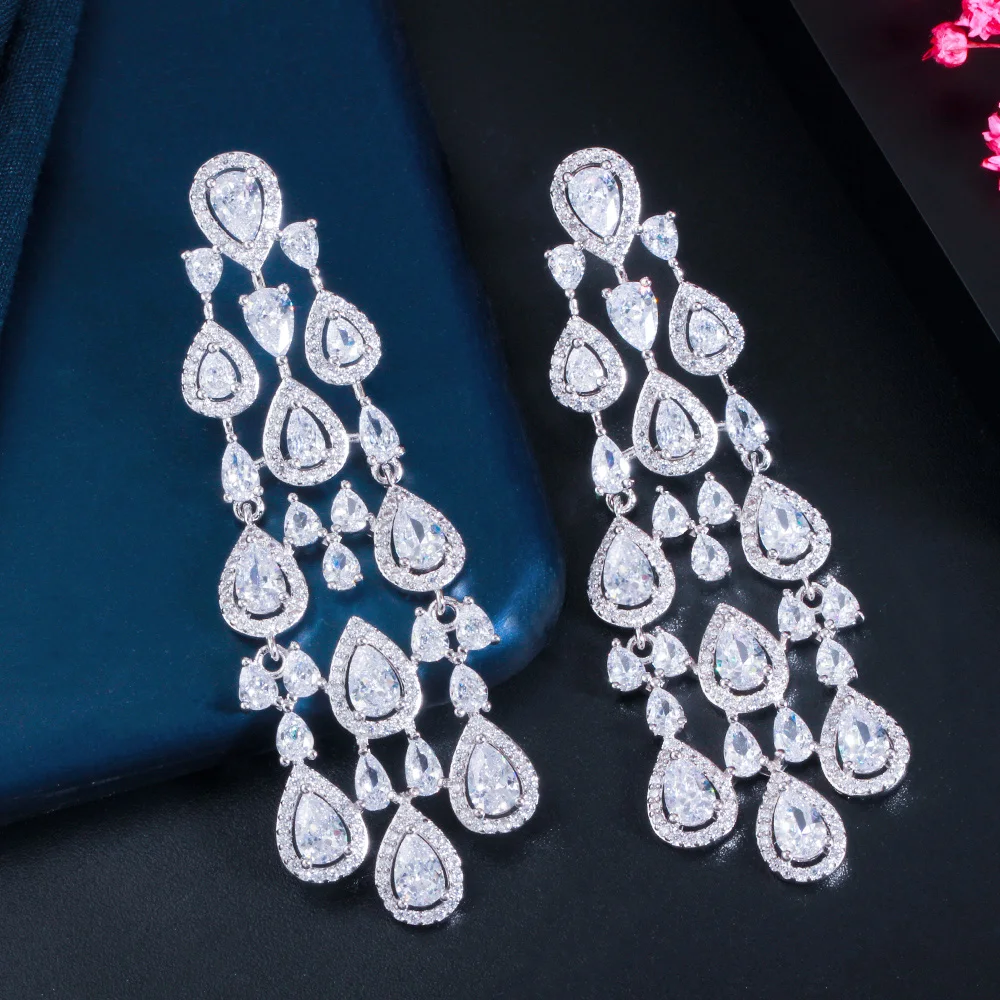 

Trendy Sparkly White Water Drop Cubic Zirconia Women Long Tassel Dangle Party Earrings for Brides Wedding Jewelry