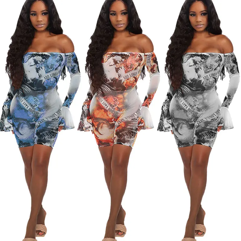 

FS3143A women's clubs sexy transparent gauze print flared sleeve off shoulder jumpsuit
