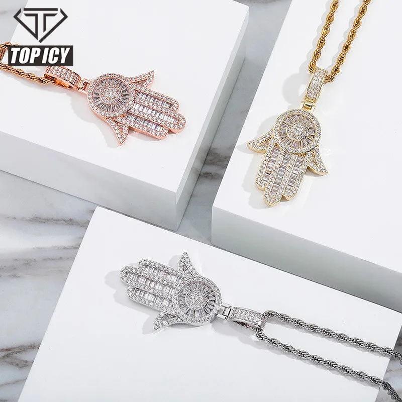 

14K white rhodium plated 925 sterling silver hamsa hand necklace pendant hip hop jewelry iced out hand pendant necklace