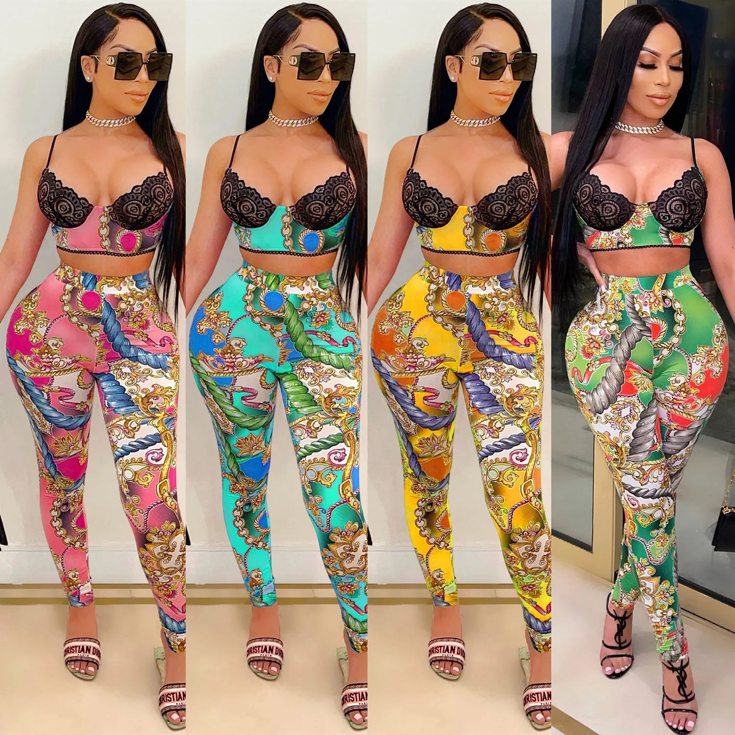 

JM033 Printed lace new casual 2021 women 2 piece pants sets sexy two piece set