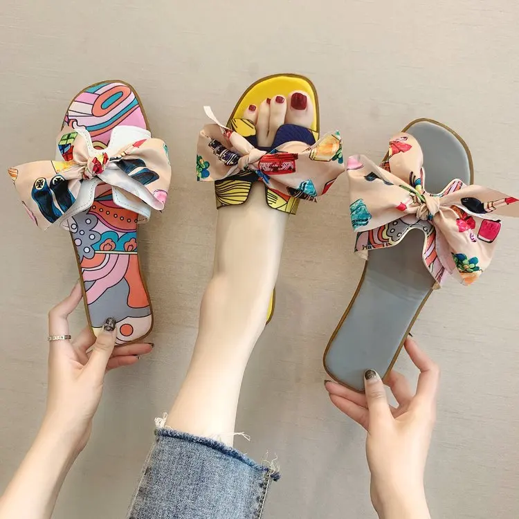 

2020 New Arrive Fashion Design Colorful Bow-Knot Beach Outdoor Casual Flat Women's Slippers, Yellow/red/orange/grey