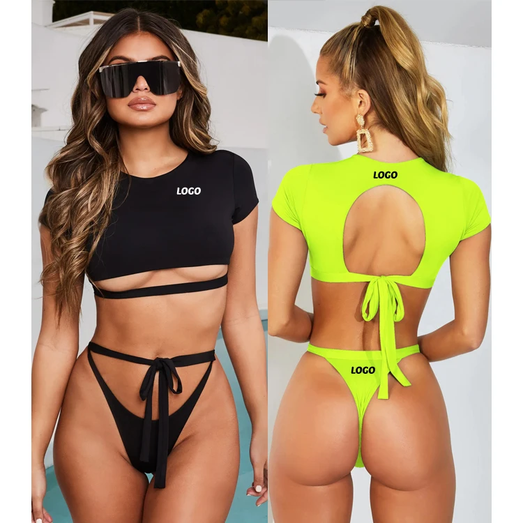 

Free Shipping Private Label Short Sleeve High Cut Bikinis Woman Swimwear Swimming Wear