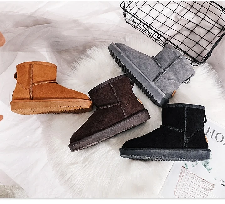 

35-40 Winter warm brown black short fleece plush thermal cowhide shoes snow boot women's boots