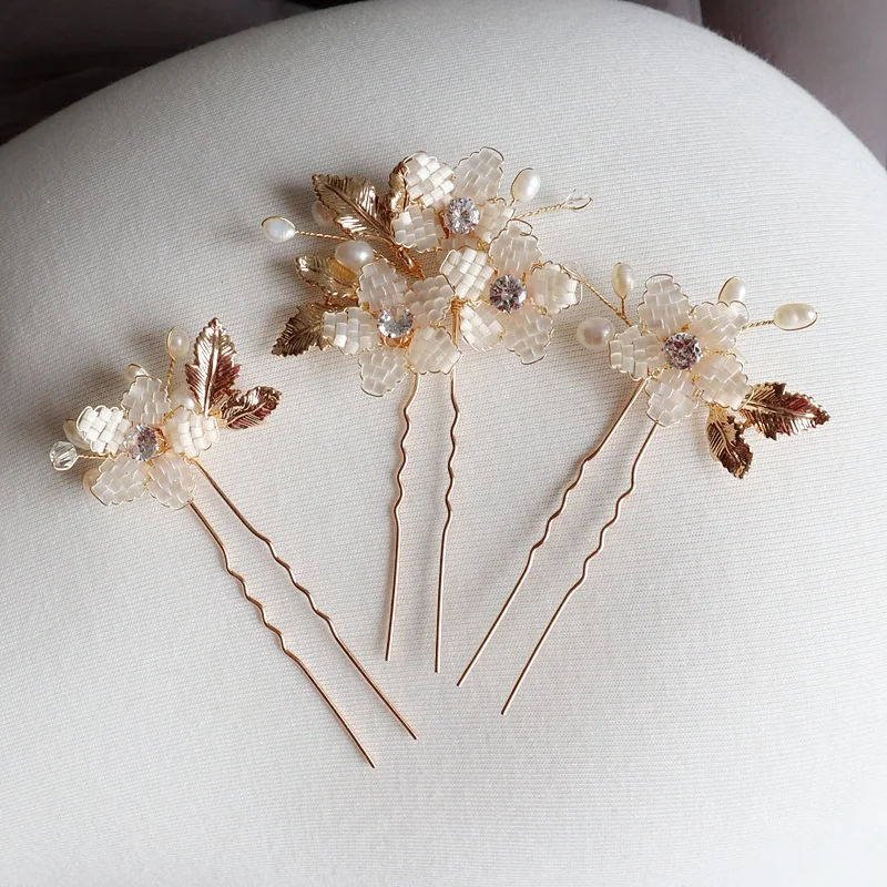 

Gold silver plating leaves small flowers high quality pearl clear rhinestone crystal fancy bridal floral hair pin, Silver, gold,rose gold