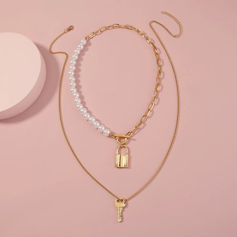 

Jachon Hot selling lock necklace simple all-match vintage pearl necklace simple atmosphere necklace for ladies