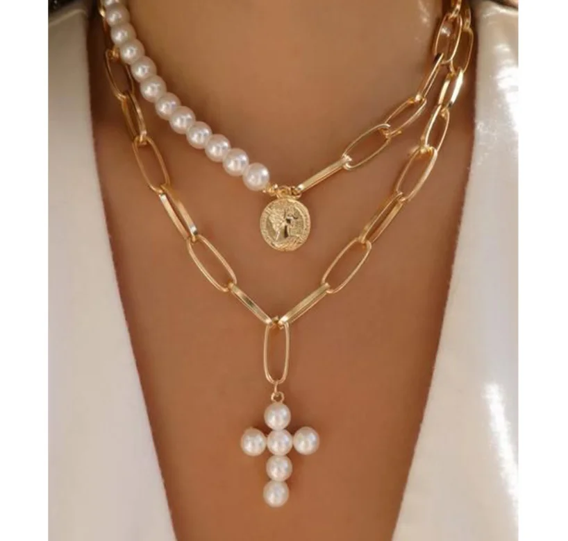 

Wholesale Natural freshwater pearl cross pendant ladies multilayer stainless steel gold plated link chain necklace set