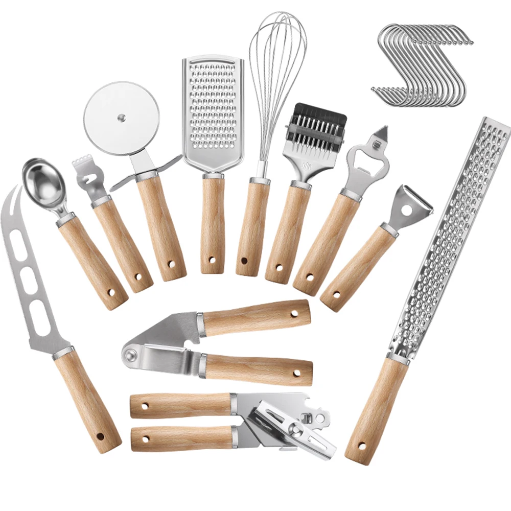 

Manjia 12 Pcs Wooden Handle Kitchen Utensils Set with Can Opener Whisk Garlic Press Pizza Cutter Cheese Grater Cheese Cutter