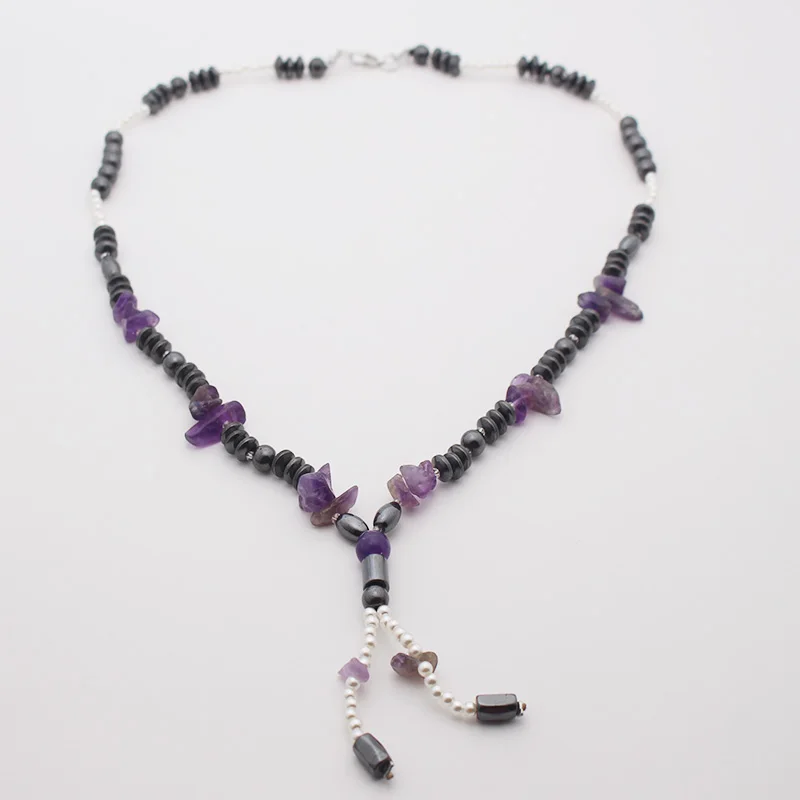 

Certified Silver Mixed Chip Amethyst and Hematite Native Necklace Handmade with Tassel Adjustable Style