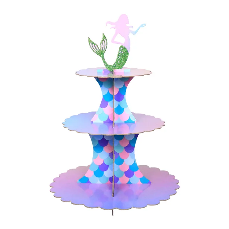 

Lovely Purple Mermaid 3 Tier Cake Stand Girl Mermaid Theme Party Decoration Cardboard Cupcake Stand Set