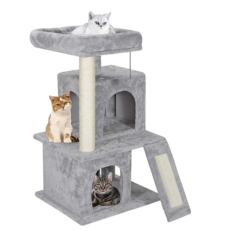 

Wooden Large Cat House Tree Big Climbing Deluxe Cat Scratcher Tree Tower Condo Wood, Gray