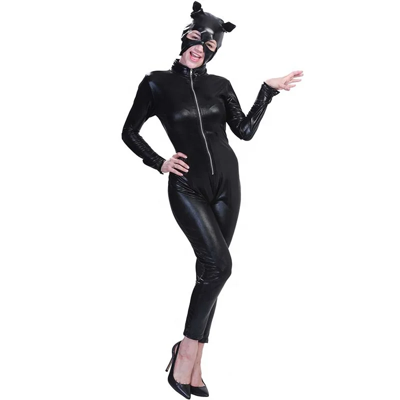 

Sexy tight Catsuit halloween party fancy dress set adults Women Faux Leather Catwoman cosplay Costume, Look at the picture