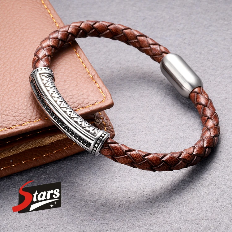 

Stars Forever 2019 Wholesale Fashion Stainless Steel Charm Handmade Leather Bracelet For Men