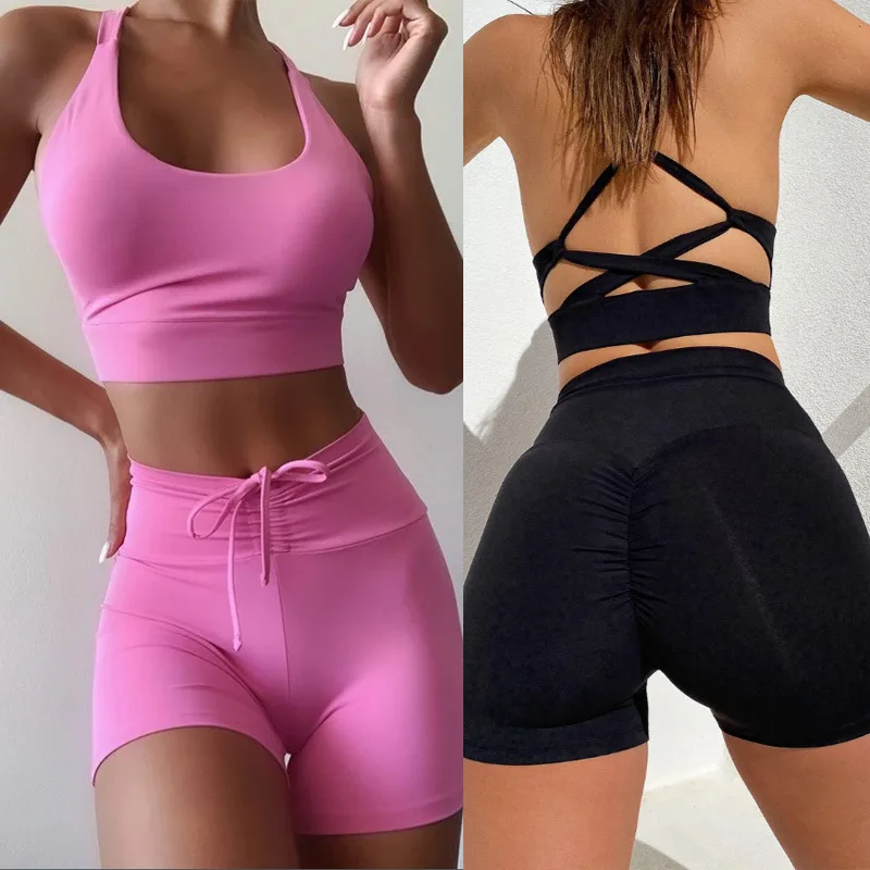 

Custom Logo Backless Sports Bra Active Wear Shorts For Women Seamless Gym Activewear Sets 2pc Legging Shorts And Sports Bra Set