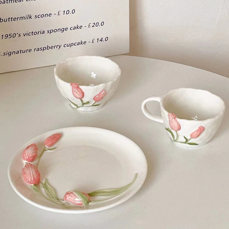 

Mother's Day Tulip Ceramic Cup Saucer Set Fruit Bowl Dessert Plate Dish Dinnerware Set