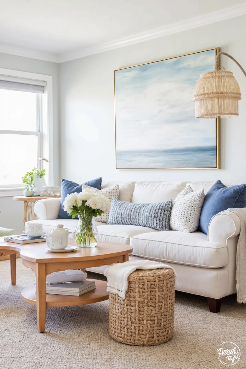 A child's bedroom with soft linens, woven baskets, and pastel coastal accents.