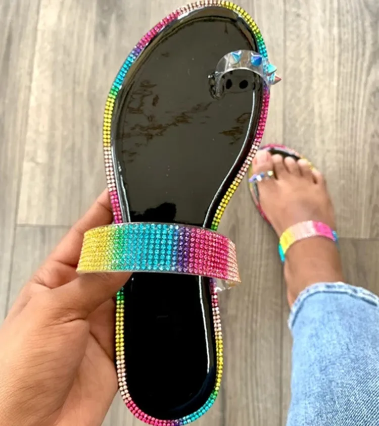 

2021 Summer Rainbow Diamond Bow Large Size Solid Color Shoes Women Flat Slippers for Outdoor, Pictures