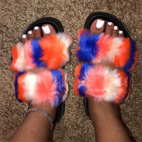 

2021 New Style Colorful Faux Fur Slides Cheap Price Furry Fake women Flat Sandals Double Strap Fur Slippers For Ladies, Picture shows